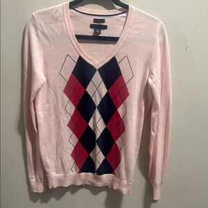 Tommy Hilfiger Pink V-Neck Sweater with Argyle Pattern